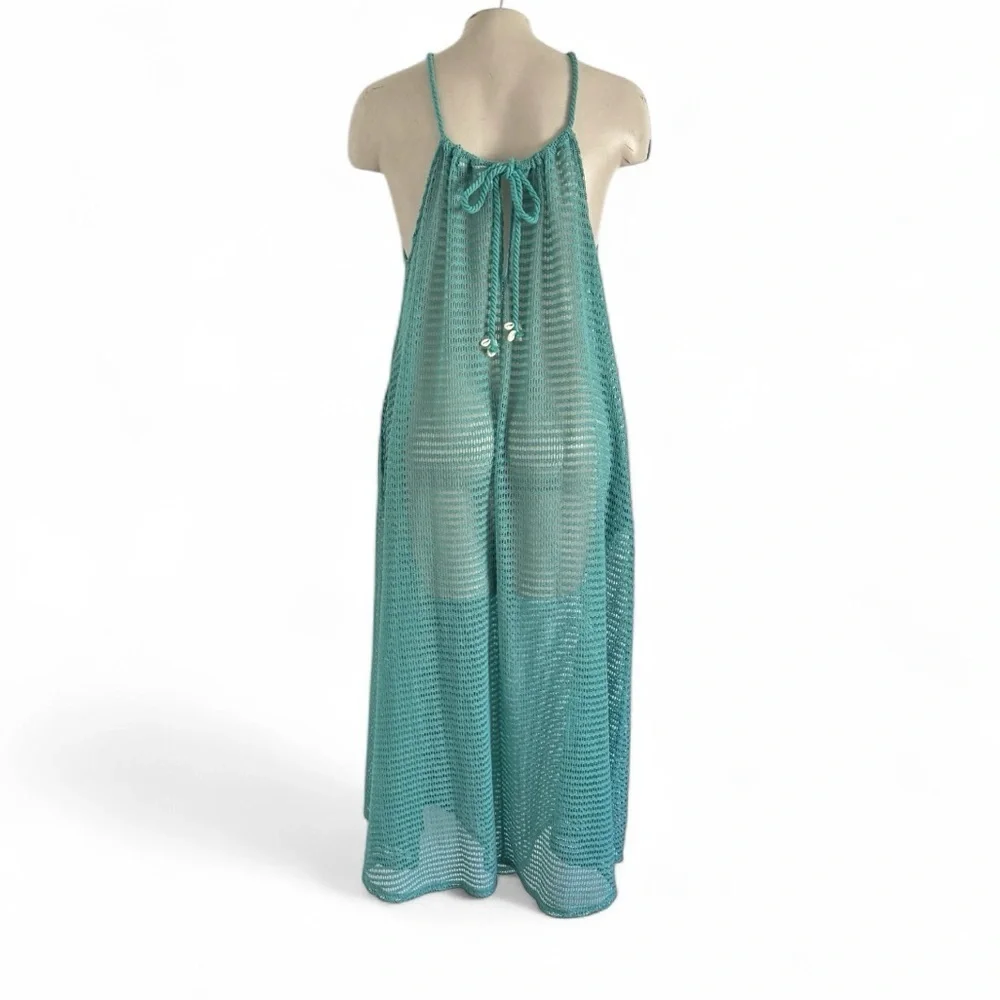 HAUTE HIPPIE GREEN MESH CROCHET DRESS SWIMSUIT BEACH POOL COVER UP COVERUP SZ L - Picture 3 of 7